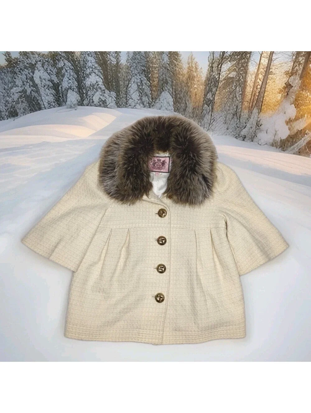 Juicy Couture Wool Coat Formal Jacket Fur Collar Cropped Sleeve White Car Small - Picture 1 of 9